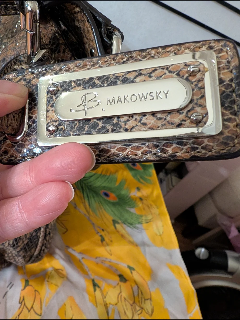B. Makowsky Brown Snakeskin Embossed Leather Satchel Handbag